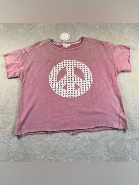 Peace Sign Sweatshirt Short Sleeve Cutoff New Umgee Pink Cotton women's medium